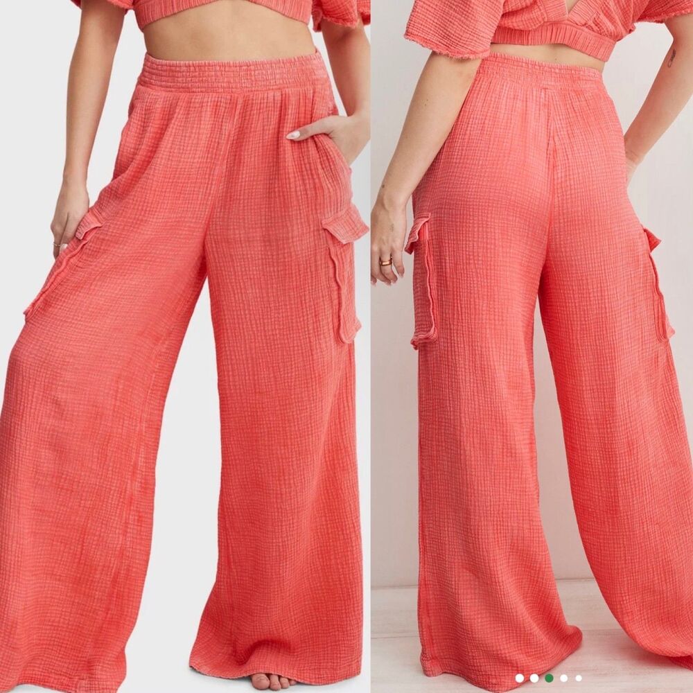 NWT AERIE Gauzy High Waist Cargo Coral Orange Wide Leg Pants Womens Small Short